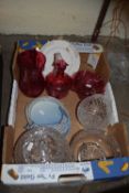 Cranberry glass jugs, further glass ware, Copenhagen dish etc