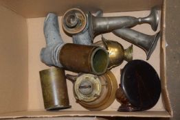 Box of mixed items to include boot shaped vases, oil lamps etc