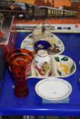 Various ceramics, ruby glass vase etc