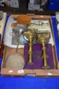 Box of dressing table mirror, brass candlesticks and other items