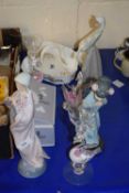 Lladro figurines, glass model swans, Aynsley tea tray etc