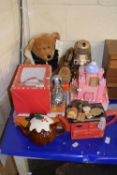 Harrods 2001 teddy bear, Me to You boxed Christmas bear, novelty tea pot, modern plastic Dalek and