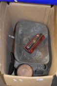 Vintage scales and weights plus other assorted items