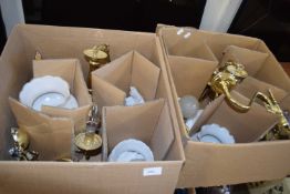 Set of brass ceiling and wall lights with opaque glass shades