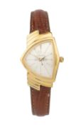 A lady's Hamilton 'Ventura' gold plated wristwatch, with silvered dial, and brown leather strap,