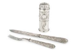 A late Victorian silver sugar caster, of cylindrical form with bayonet cover and florally embossed