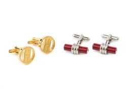 A pair of red baton cufflinks by Christofle, and a pair of gold plated cufflinks by Gieves & Hawkes.