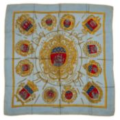A ‘Les Armes de Paris’ silk scarf by Hermès, designed by Hugo Grygkar, depicting coats of arms and