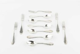 A set of six Danish silver dessert forks and dessert spoons, with shaped and beaded terminals, 13.