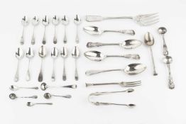 A quantity of mixed silver flatware, to include a fiddle and thread pattern fish serving fork, three