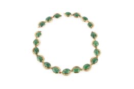 An 18k gold, green stone and diamond necklace, the oval cabochon green stones set within crescents