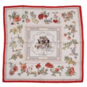 A ‘Quai aux Fleurs’ silk scarf by Hermès Paris, on a white background with a red rim, depicting a