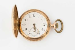 A Continental 14k gold hunter pocket watch, the white enamel dial with seconds subsidiary dial and