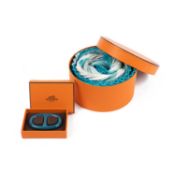 A Hermès pleated silk scarf Together with styling accessory Shades of turquoise, white, pale green