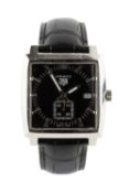 A Gentleman's stainless steel automatic Monaco wristwatch by Tag Heuer, the square black dial with