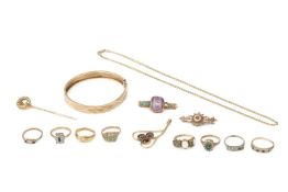 An Edwardian 18ct gold ring, gypsy set with a single diamond, Chester 1906, seven various 9ct gold