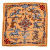 A ‘Les Girouettes’ silk scarf by Hermès, designed by Joachim Metz in 1999, decorated with silver