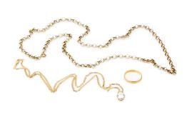 A 9ct gold belcher link chain, stamped 9 375, 76cm long, a further 9ct gold flat link chain with