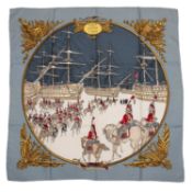 A ‘Marine et Cavalerie’ silk scarf by Hermès, designed by Philippe Ledoux, featuring men on
