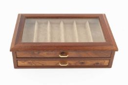 A modern Argresti burr wood jewellery box, with glazed top, fitted with two lined drawers, 34.5cm