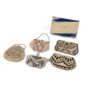 Five fully beaded decorative vintage purses in tones of cream, bronze silver and white. Made in