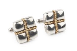 A pair of silver cufflinks by Tiffany & Co., each of square parcel design with gilt ropetwist '