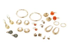 A collection of nine assorted pairs of 9ct gold earrings, to include hoops and post backed, and four