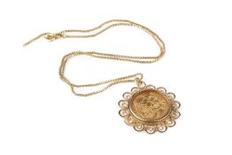 A George V sovereign, 1910, in 9ct gold pendant mount, and with 9ct gold box link chain approx 17.5g