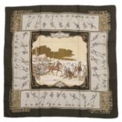 A ‘Les Plaisirs du Froid’ silk scarf by Hermès, designed by Hugo Grygkar, in shades of olive green