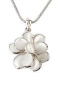 A silver and mother o'pearl 'camellia' pendant by Chanel, 4cm high, on silver snake link chain, with