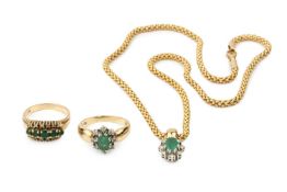 A 14k gold, emerald and diamond cluster pendant, 1.7cm high overall, on multi link chain, a