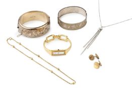 A 9ct gold box link necklace, with ball interspaced links, 37cm long, a pair of 9ct gold oval