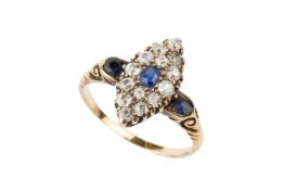 A sapphire and diamond ring, of marquise form, the central small oval cut sapphire within a border
