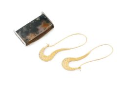 A pair of yellow metal earrings, of textured elongated hoop form, 5.8cm high (unmarked) and a