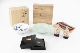 Two modern Japanese celadon glazed porcelain dishes, another dish, all in wooden boxes, a similar