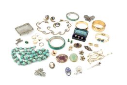 A silver and green enamel hinged bangle, of faux bamboo design, and a collection of assorted costume
