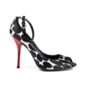 A pair of Gucci satin, peep toe shoes with red stiletto 4 inches. Size 37C. (Made in Italy and to