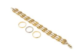 A 9ct gold multi-link bracelet, the clasp stamped 375, 19cm long, 1.4cm wide, together with two 22ct