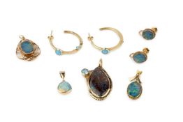 Three doublet opal pendants, one mounted in 9ct gold, the others unmarked, a pair of 9ct gold