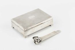 A silver rectangular cigarette box, with engine turned decoration and stepped feet, by Viner's,