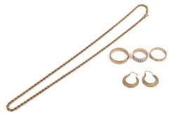 A collection of 9ct gold jewellery, comprising three wedding bands, one set with three rows of small
