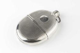 A Victorian silver plated oval hip flask, with engine turned decoration reserving a circular