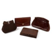 Four small vintage brown bags to include a crocodile style leather bag with hallmarked silver