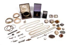 A 9ct gold mounted amber pendant, on 9ct trace link chain, and a collection of assorted costume