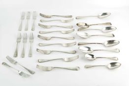 A part service of mid Victorian silver old English pattern flatware, comprising 6 table spoons, 9