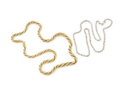A 14k gold ropetwist necklace, the clasp stamped 585, 44cm long, and a 9ct white gold ropetwist