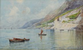 Oscar Ricciardi (1864-1935) Lagoon with sailing and rowing boats, signed, watercolour, 19 x 32cm;