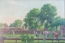 E J Hirst A game of bowls signed oil on canvas 39.5 x 59.6cm