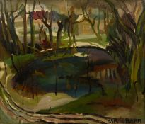 Harry Barr (1896-1987) A wooded pool and cottage, signed, oil on canvas, 55 x 65cm