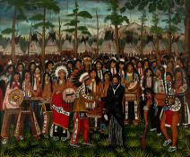John Sundance King (20th Century) Meeting the Chiefs, 1968 signed, titled and dated (to reverse) oil